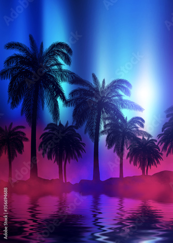 Silhouettes of tropical palm trees on a background of abstract background with neon glow. Reflection of palm trees on the water. 3d illustration