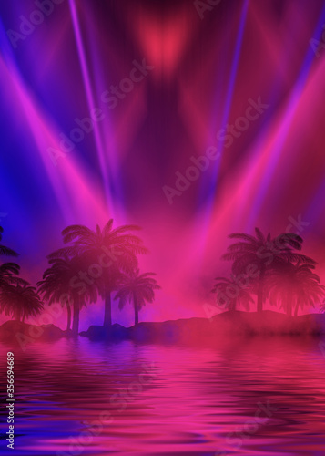 Silhouettes of tropical palm trees on a background of abstract background with neon glow. Reflection of palm trees on the water. 3d illustration © Laura Сrazy