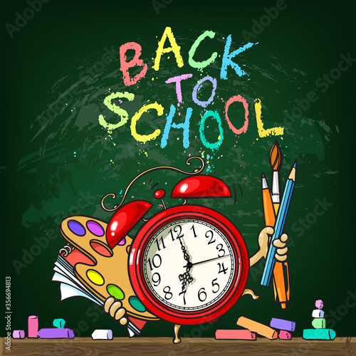 Cartoon alarm clock with school supplies on schoolboard background. Back to school color chalk text. Vector illustration.