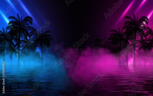 Fototapeta Naklejka Na Ścianę i Meble -  Silhouettes of tropical palm trees on a background of abstract background with neon glow. Reflection of palm trees on the water. 3d illustration