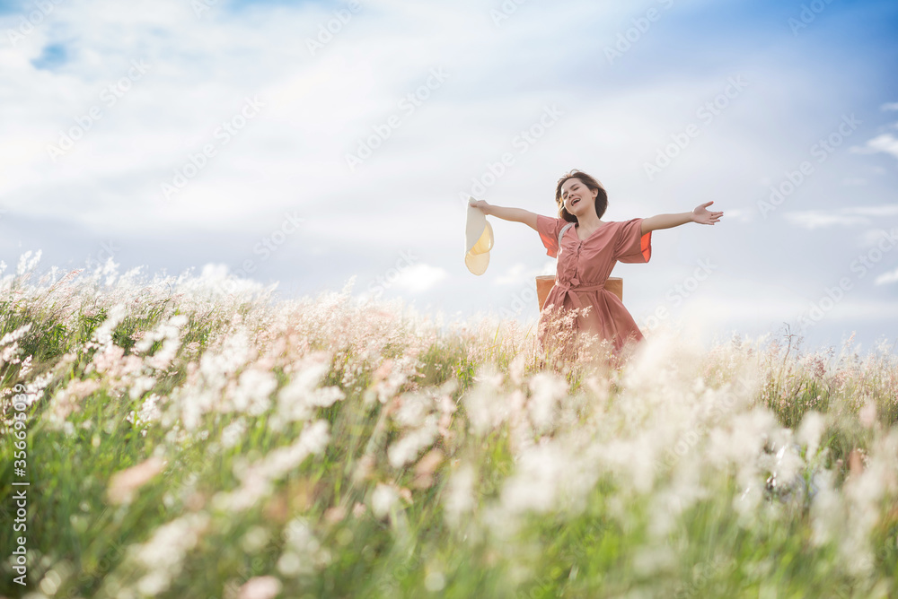 A young Asian girl on a beautiful spring meadow. She wears a pink dress and wide-brimmed hat. An Asian girl on a beautiful spring meadow at sunset. She wears a pink dress and wide-brimmed hat. A young Asian girl on a beautiful spring meadow. She wears a pink dress and wide-brimmed hat. An Asian girl on a beautiful spring meadow at sunset. She wears a pink dress and wide-brimmed hat.