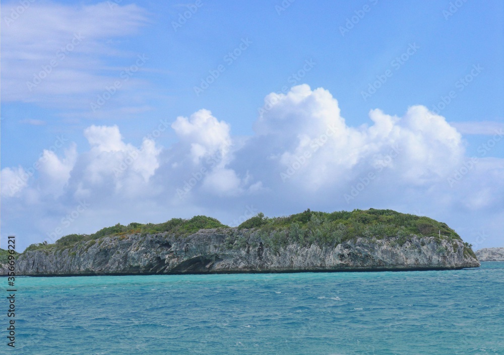 A beautiful rocky island covered with green shrubs the Exuma Cays in the Bahamas