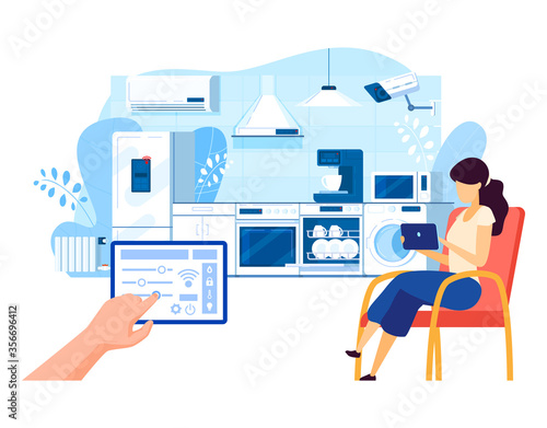 Smart home vector illustration. Cartoon flat woman character sitting in modern kitchen, controlling house digital system on tablet app. Internet connecting apartment building concept isolated on white