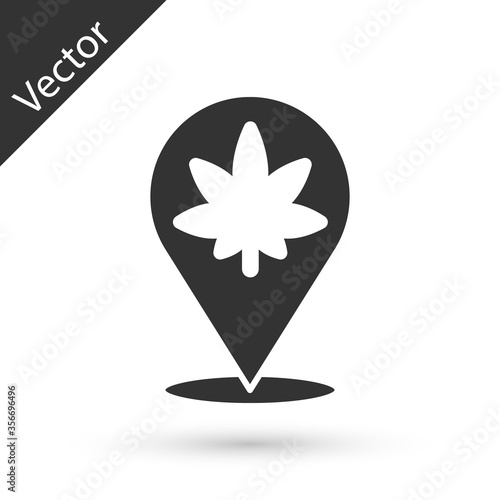 Grey Map pointer and marijuana or cannabis leaf icon isolated on white background. Hemp symbol. Vector Illustration
