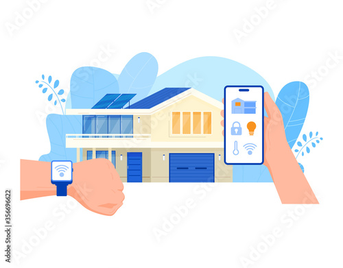 Smart home vector illustration. Cartoon flat human hands holding smartphone, controlling house digital system on internet mobile app. Innovative future technology for comfort concept isolated on white