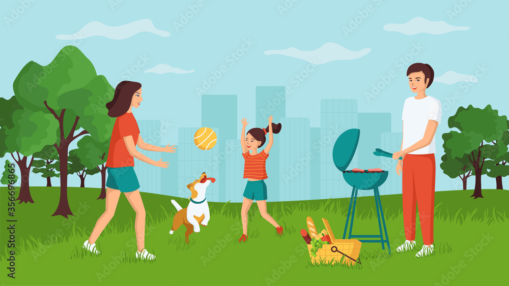 Fototapeta premium Concept of a happy family on vacation, spending time together outdoors, active weekend, ball game. Young smiling man, woman and child on a picnic in a city park with a dog. Cartoon vector illustration