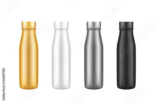 Set of yogurt plastic bottle mockups - gold, silver, black, white. Packaging design. Blank isolated nutrition or dairy product template - milk, juice, tea container. 3d realistic vector illustration