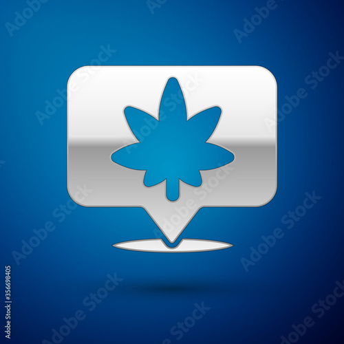 Silver Map pointer and marijuana or cannabis leaf icon isolated on blue background. Hemp symbol. Vector Illustration
