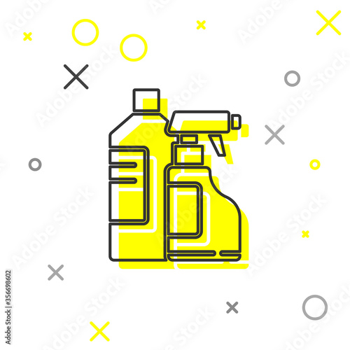 Grey line Plastic bottles for laundry detergent, bleach, dishwashing liquid or another cleaning agent icon isolated on white background. Vector Illustration
