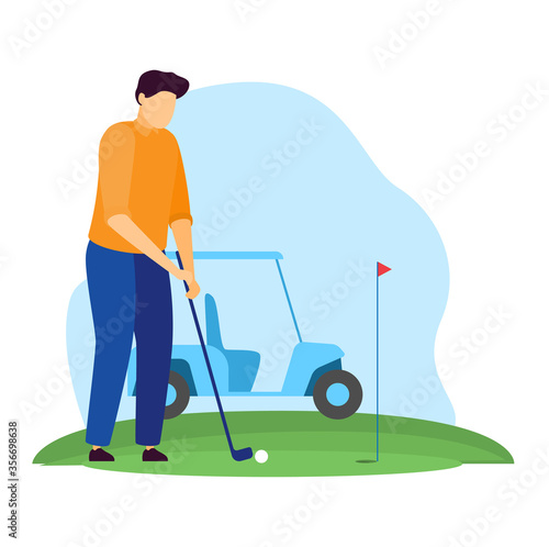 Sportsman vector illustration. Cartoon flat man golfer character playing golf on green grass field, striking ball with club, enjoying outdoor game. Sport activity, active lifestyle isolated on white