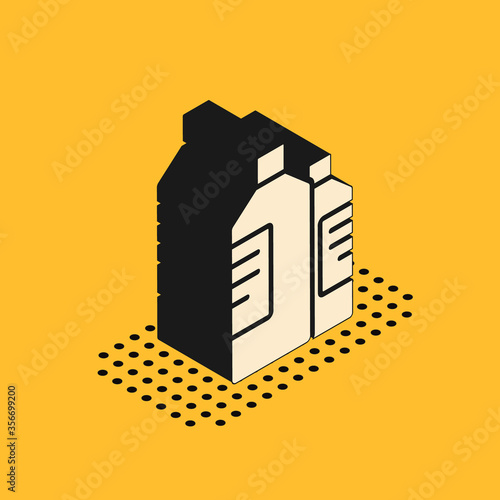 Isometric Plastic bottles for laundry detergent, bleach, dishwashing liquid or another cleaning agent icon isolated on yellow background. Vector Illustration