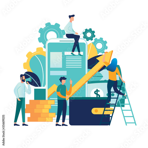 Vector creative illustration of business graphics, the company is engaged in the joint construction of column graphs, the rise of the career to success, flat color icons, business analysis 