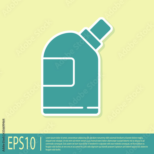 Green Plastic bottles for laundry detergent, bleach, dishwashing liquid or another cleaning agent icon isolated on yellow background. Vector Illustration