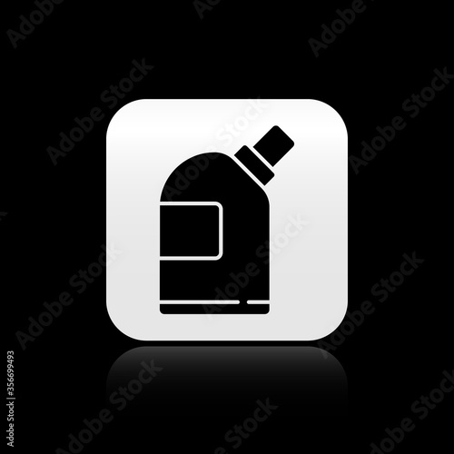 Black Plastic bottles for laundry detergent, bleach, dishwashing liquid or another cleaning agent icon isolated on black background. Silver square button. Vector Illustration