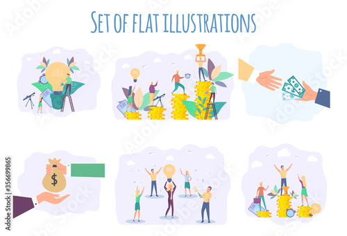 People achieve their goal in business. Career. Credit  financial services. Birth metaphor of creative business idea. Business concept analysis. Colorful vector illustration.