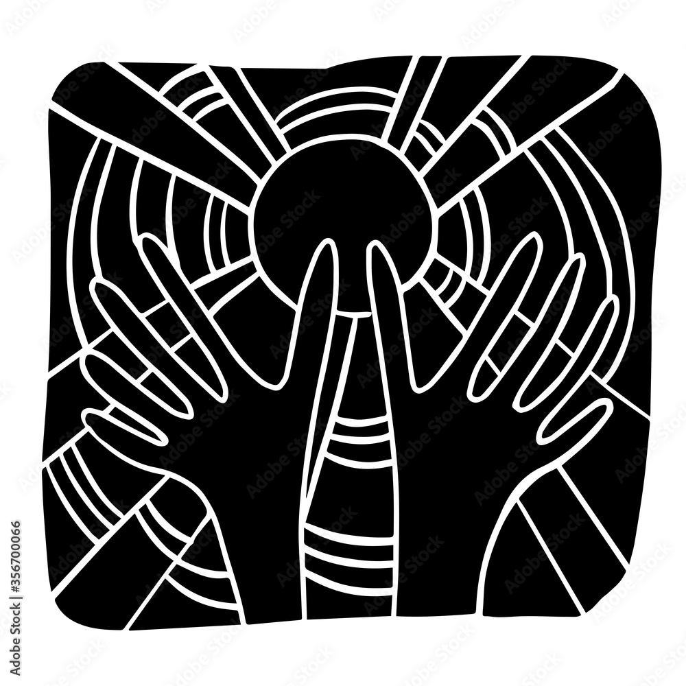 Vector design with squared icon with hands reaching to sun. Stylized print of a hands isolated on white background. Can be used for printing on paper, stickers, badges, jewelry, cards, textiles. Vector design with squared icon with hands reaching to sun. Stylized print of a hands isolated on white background. Can be used for printing on paper, stickers, badges, jewelry, cards, textiles.
