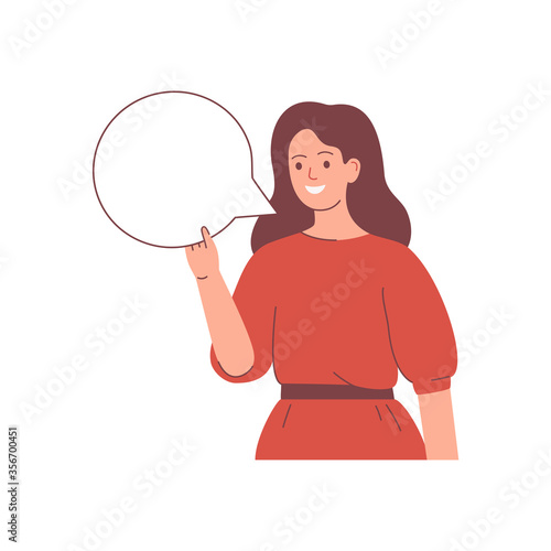Happy young woman holds a blank speech bubble in the hand. Presentation concept. Human character vector illustration.