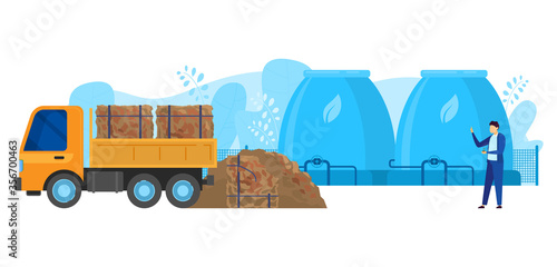 Waste processing factory vector illustration. Cartoon flat truck unloading sorted household garbage for composting tank reservoir with bio gas chimney pipeline. Recycling compost production process