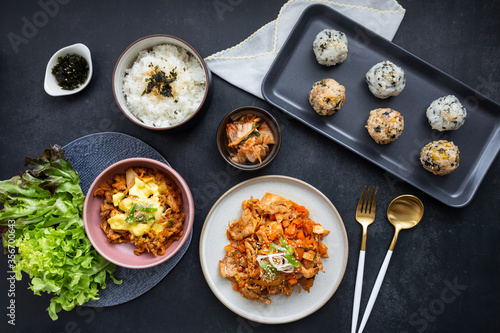 top view variety korean food dishes