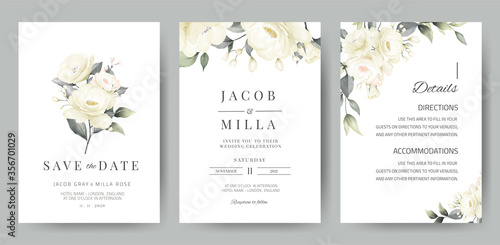 Obraz na plátne wedding invitation card template set with white rose bouquet watercolor painting