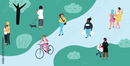 City park where people relax, train and walk dogs concept and vector illustration, isolated on white background. Old people, man, woman, kid, runners, dog in outdoor park. Flat style.