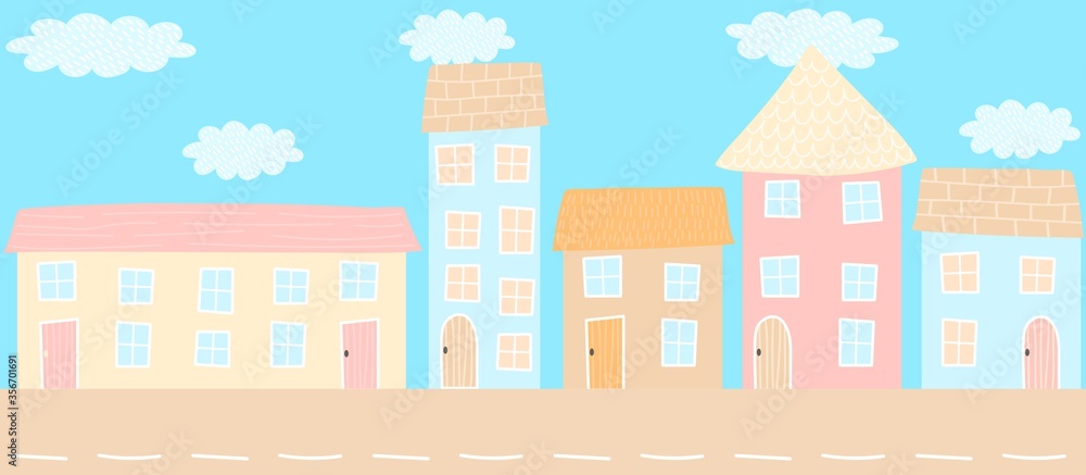 City street and urban scape, hand drawn houses on avenue concept and vector illustration. Banner with road for cars and sidewalk for passer, poster and gift card. Simple cartoon style.