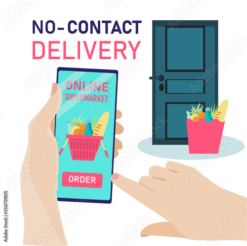 Contactless food delivery to the door. Ordering food via the Internet app. Fresh food from the supermarket will be brought home. Online purchases from smartphone. Quarantine. Vector illustration