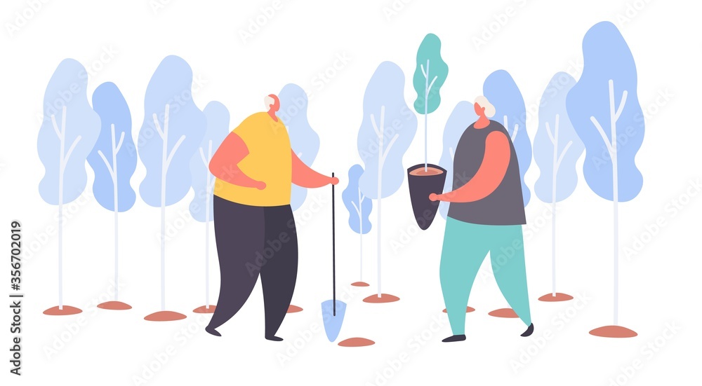 Cartoon character old people plant a trees with shovel in a garden isolated on white vector, illustration. Aged grandfather and grandmather take care of nature while gardening. Pensioners active Cartoon character old people plant a trees with shovel in a garden isolated on white vector, illustration. Aged grandfather and grandmather take care of nature while gardening. Pensioners active