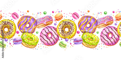 Seamless border of multi-colored donuts and macaroons on a white background, watercolor drawing, print for fabric, background for various designs.