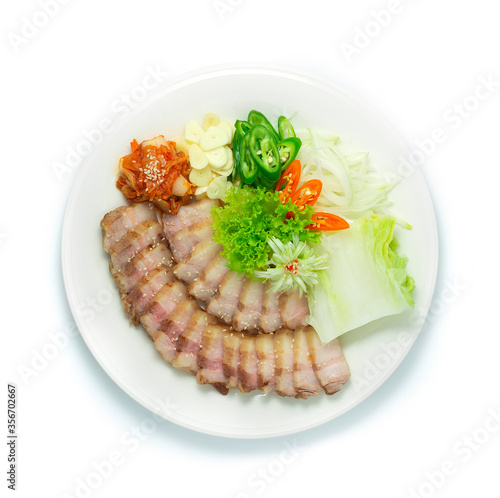 Bossam Korean Boiled Pork wraps Served Kimchi photo