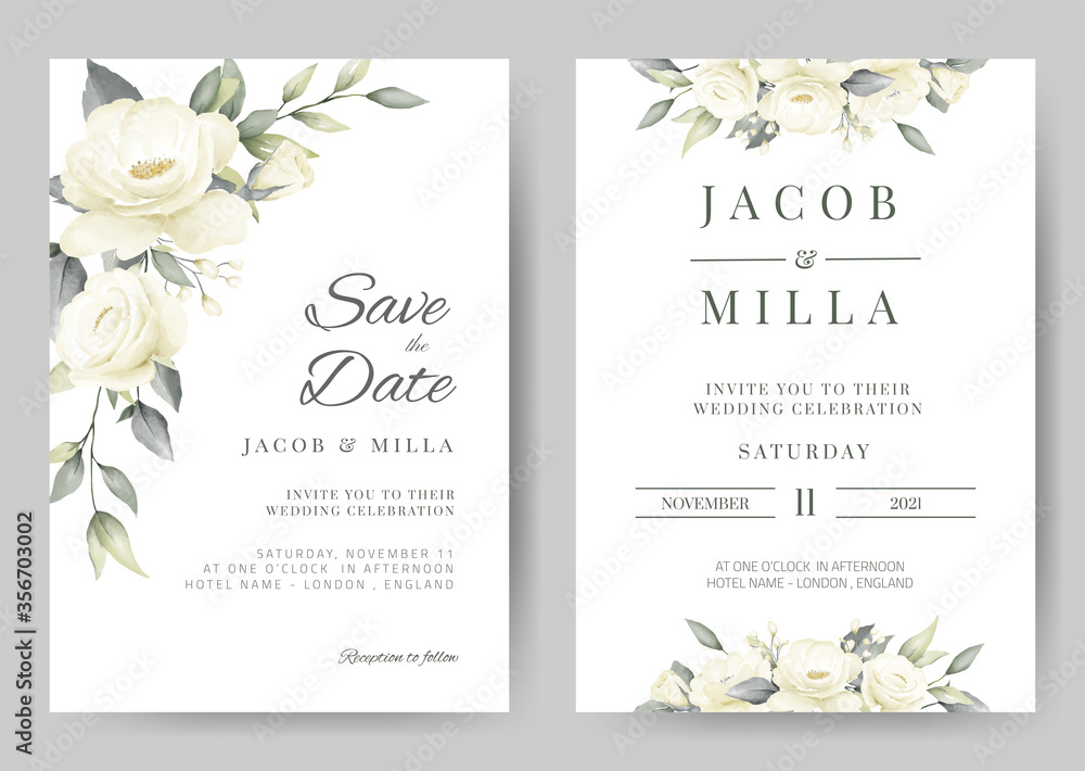 wedding invitation card template set with white rose bouquet watercolor ...