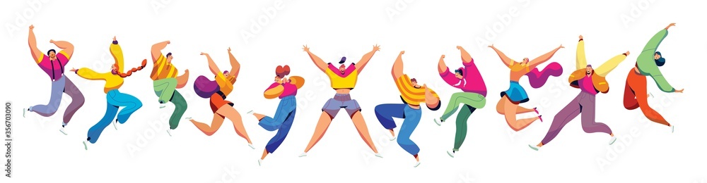 Happy people jump, fun and celebration group of people concept and vector illustration on white background. Female and male characters jump, company of people rejoices victory. Cartoon style. Happy people jump, fun and celebration group of people concept and vector illustration on white background. Female and male characters jump, company of people rejoices victory. Cartoon style.