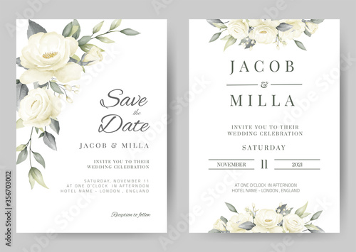 Fototapeta wedding invitation card template set with white rose bouquet watercolor painting