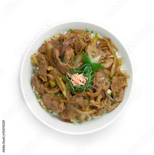 Yakibuta Don Slice Pork, onions ontop Rice