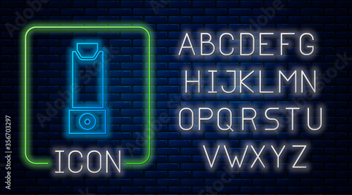 Glowing neon Inhaler icon isolated on brick wall background. Breather for cough relief, inhalation, allergic patient. Neon light alphabet. Vector Illustration.