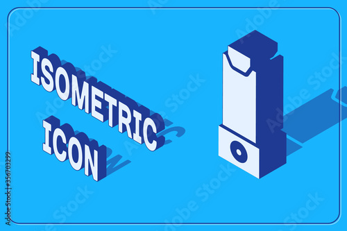 Isometric Inhaler icon isolated on blue background. Breather for cough relief, inhalation, allergic patient. Vector Illustration.