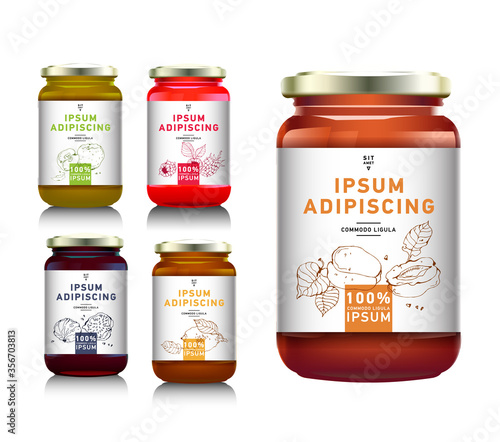 Glass jar with with jam, configure or honey. Vector illustration. Packaging collection. Label for jam. Bank realistic with design tag. Mock up mason jar with design label or badges. Fruit jelly.