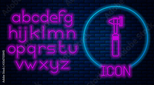 Glowing neon Medical otoscope tool icon isolated on brick wall background. Medical instrument. Neon light alphabet. Vector Illustration.