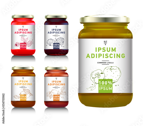 Glass jar with with jam, configure or honey. Vector illustration. Packaging collection. Label for jam. Bank realistic with design tag. Mock up mason jar with design label or badges. Fruit jelly.