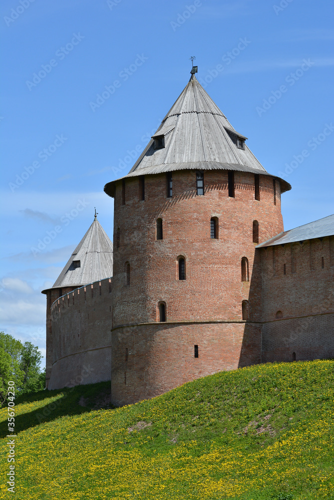 Novgorod Kremlin. Veliky Novgorod. Metropolitan and Fedorov towers of the Novgorod Detinets. Summer view
