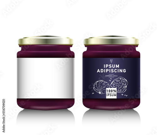 Realistic glass bottle packaging for fruit jam design. Purple jam with design label, typography, line drawing figs illustration. Mock up