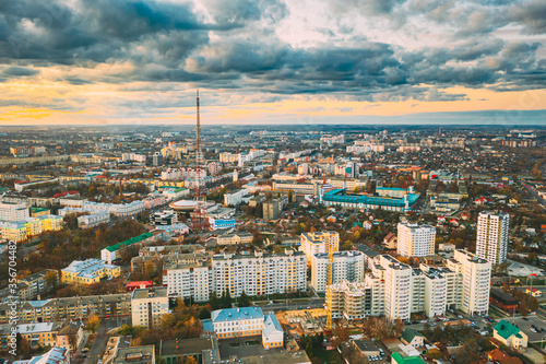 Gomel, Belarus. Aerial View Of Homiel Cityscape Skyline In Autumn Evening. Residential District During Sunset. Bird's-eye View photo