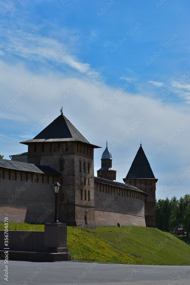 Novgorod Kremlin. Velik Novgorod. Zlatoust, Pokrovskaya and Kokuy towers of Novgorod Detinets