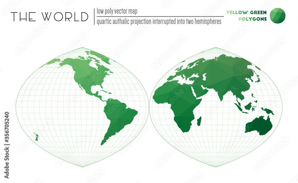 World map in polygonal style. Quartic authalic projection interrupted into two hemispheres of the world. Yellow Green colored polygons. Creative vector illustration. World map in polygonal style. Quartic authalic projection interrupted into two hemispheres of the world. Yellow Green colored polygons. Creative vector illustration.