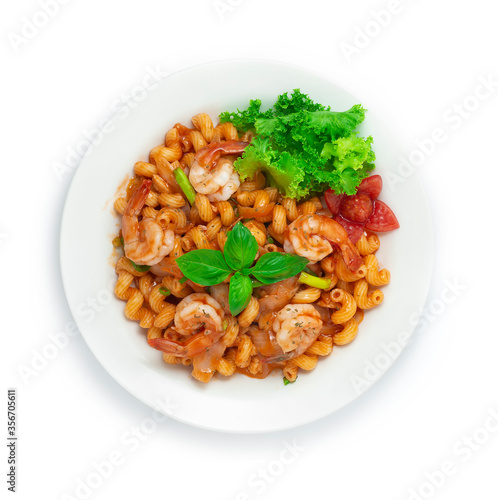 Shrimps Macaroni with Tomato Sauce Served as Breakfast