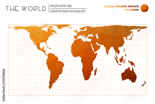 Triangular mesh of the world. Cylindrical equal-area projection of the world. Yellow, orange, brown colored polygons. Elegant vector illustration.