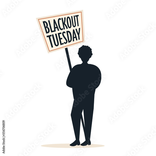 silhouette of man holding blackout tuesday banner black lives matter campaign against racial discrimination of dark skin color social problems of racism vector illustration