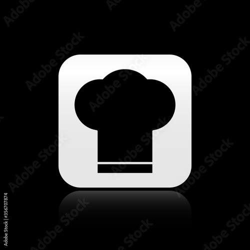 Black Chef hat icon isolated on black background. Cooking symbol. Cooks hat. Silver square button. Vector Illustration.