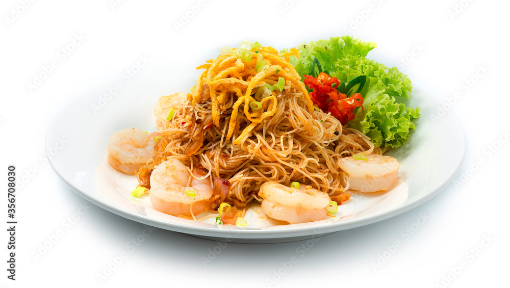 Shrimps with Thin Noodles in Sweet Chili Paste Sour Sauce ontop Fried Egg cutlet Thai Food Authentic style Shrimps with Thin Noodles in Sweet Chili Paste Sour Sauce ontop Fried Egg cutlet Thai Food Authentic style