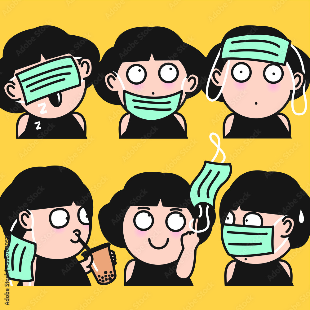 Girl Showing How To Improperly And Unsafely Wear Face Mask In Order To Prevent The Spread Of Virus. The Wrong Way To Wear A Medical Face Mask Concept Card Character illustration Girl Showing How To Improperly And Unsafely Wear Face Mask In Order To Prevent The Spread Of Virus. The Wrong Way To Wear A Medical Face Mask Concept Card Character illustration